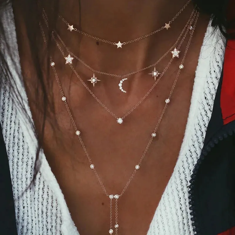 New 2024 Geometry Star Moon Lock Necklace Multi Layer Fashion Necklace Boho Multi-Level Pendants Necklaces Chokers Bohemian Jewelry