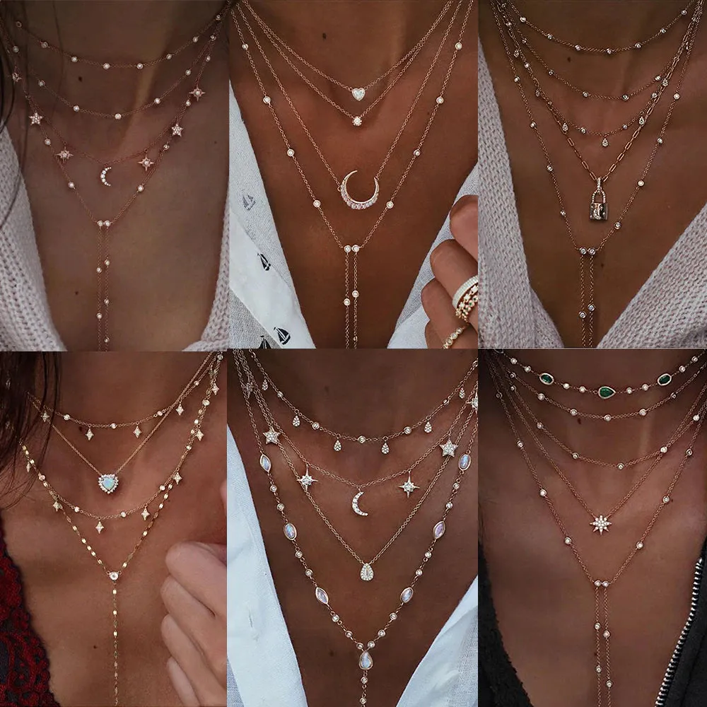 New 2024 Geometry Star Moon Lock Necklace Multi Layer Fashion Necklace Boho Multi-Level Pendants Necklaces Chokers Bohemian Jewelry