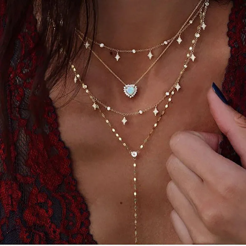 New 2024 Geometry Star Moon Lock Necklace Multi Layer Fashion Necklace Boho Multi-Level Pendants Necklaces Chokers Bohemian Jewelry