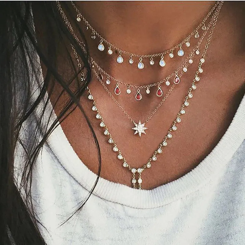 New 2024 Geometry Star Moon Lock Necklace Multi Layer Fashion Necklace Boho Multi-Level Pendants Necklaces Chokers Bohemian Jewelry