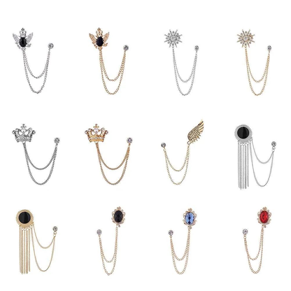 NEW FASHION METAL RHINE CRYSTAL BROOCH MEN SUIT COLLAR PIN BLACK TASSEL CORSAGE BROOCHES JEWELRY LUXURY ACCESSORIES
