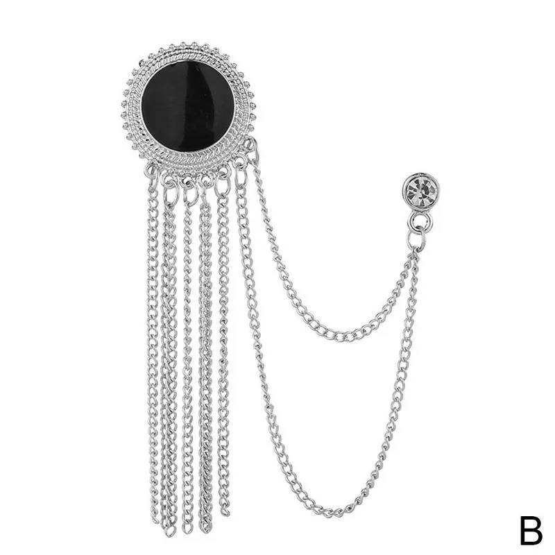 NEW FASHION METAL RHINE CRYSTAL BROOCH MEN SUIT COLLAR PIN BLACK TASSEL CORSAGE BROOCHES JEWELRY LUXURY ACCESSORIES