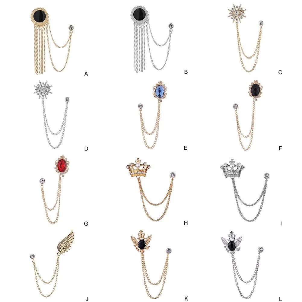 NEW FASHION METAL RHINE CRYSTAL BROOCH MEN SUIT COLLAR PIN BLACK TASSEL CORSAGE BROOCHES JEWELRY LUXURY ACCESSORIES