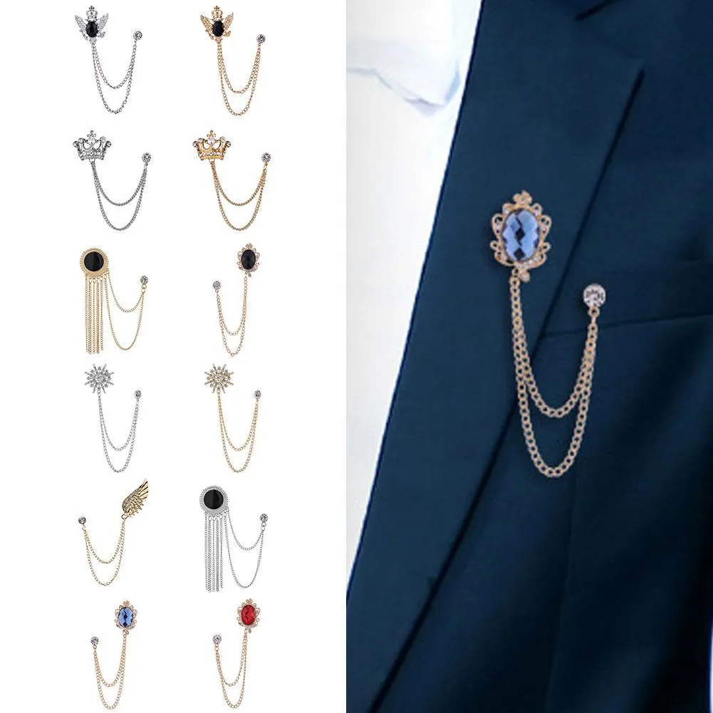 NEW FASHION METAL RHINE CRYSTAL BROOCH MEN SUIT COLLAR PIN BLACK TASSEL CORSAGE BROOCHES JEWELRY LUXURY ACCESSORIES