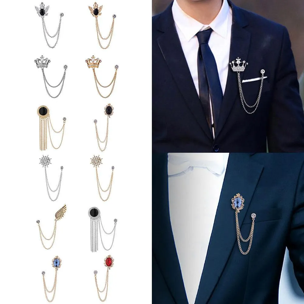 NEW FASHION METAL RHINE CRYSTAL BROOCH MEN SUIT COLLAR PIN BLACK TASSEL CORSAGE BROOCHES JEWELRY LUXURY ACCESSORIES