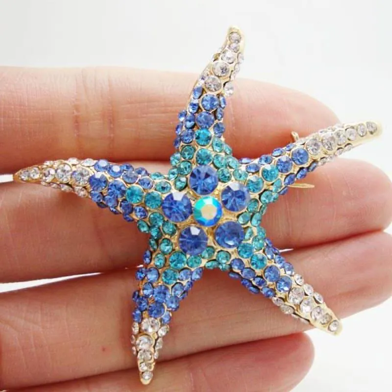 New Fashion Starfish Blue Rhinestone Crystal Gold Tone Brooch Pin Gift