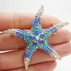 New Fashion Starfish Blue Rhinestone Crystal Gold Tone Brooch Pin Gift