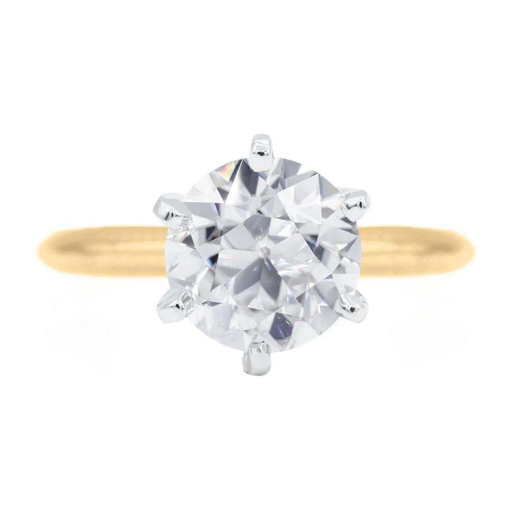 Old European Cut (OEC) Round Moissanite 14K or 18K Two-Tone Yellow Gold Band and White Gold 6 Prongs Solitaire Ring
