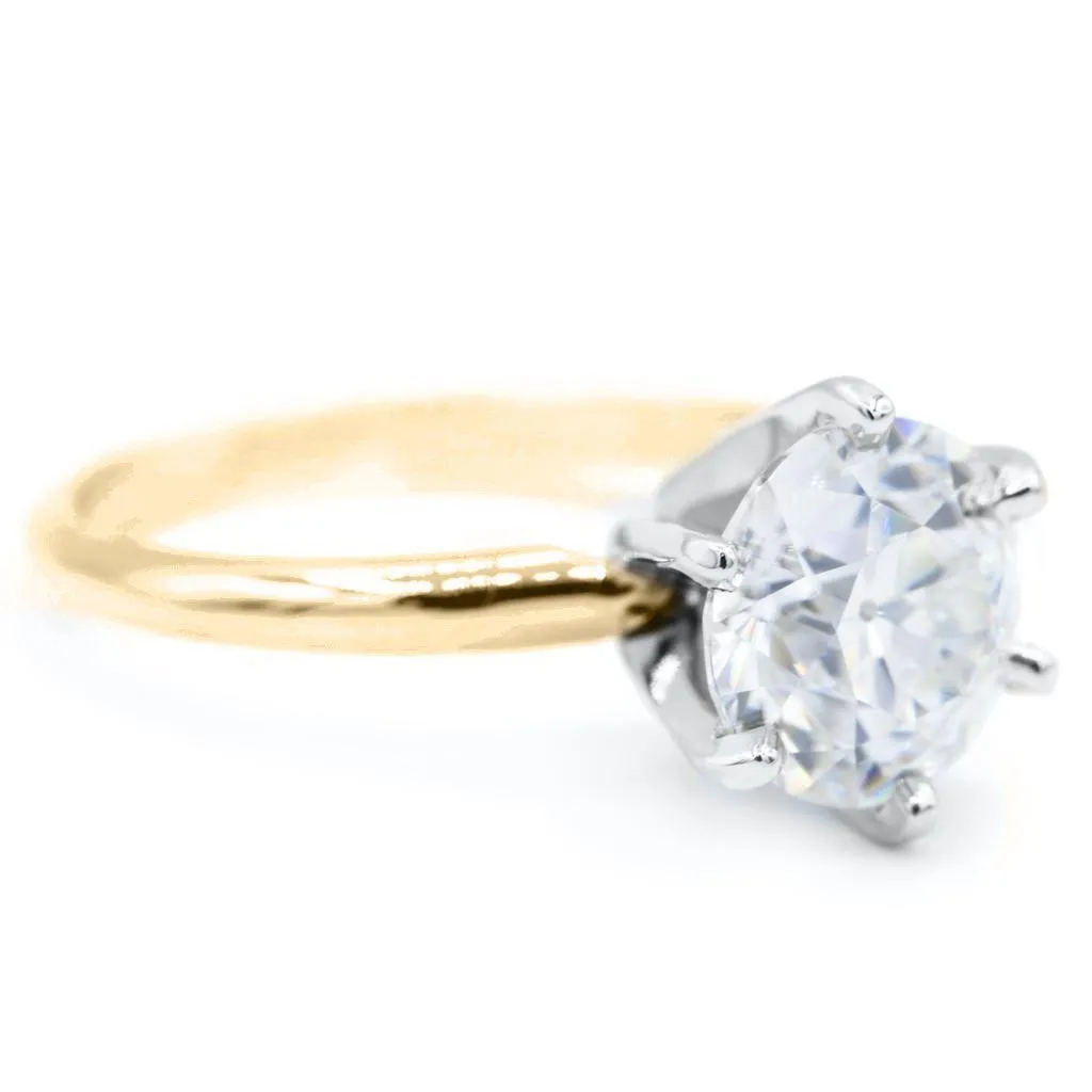 Old European Cut (OEC) Round Moissanite 14K or 18K Two-Tone Yellow Gold Band and White Gold 6 Prongs Solitaire Ring
