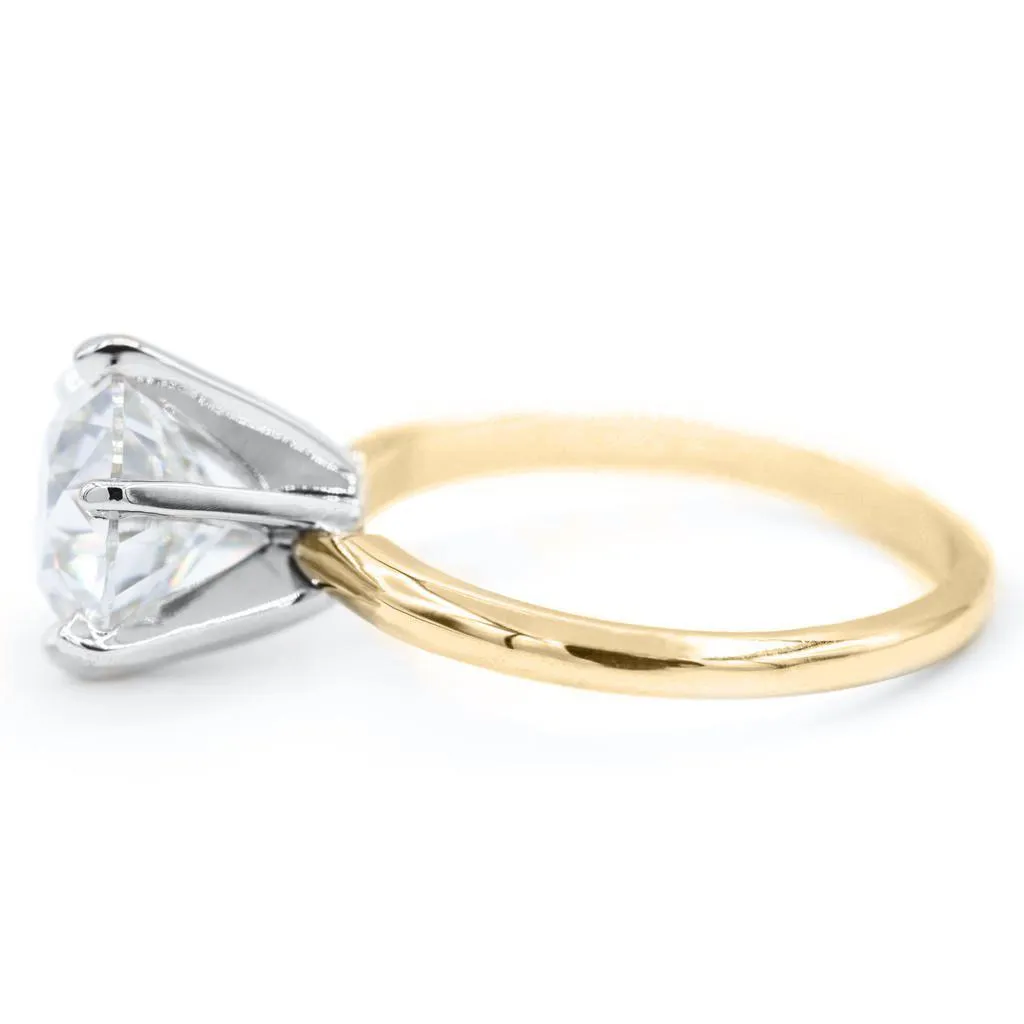 Old European Cut (OEC) Round Moissanite 14K or 18K Two-Tone Yellow Gold Band and White Gold 6 Prongs Solitaire Ring