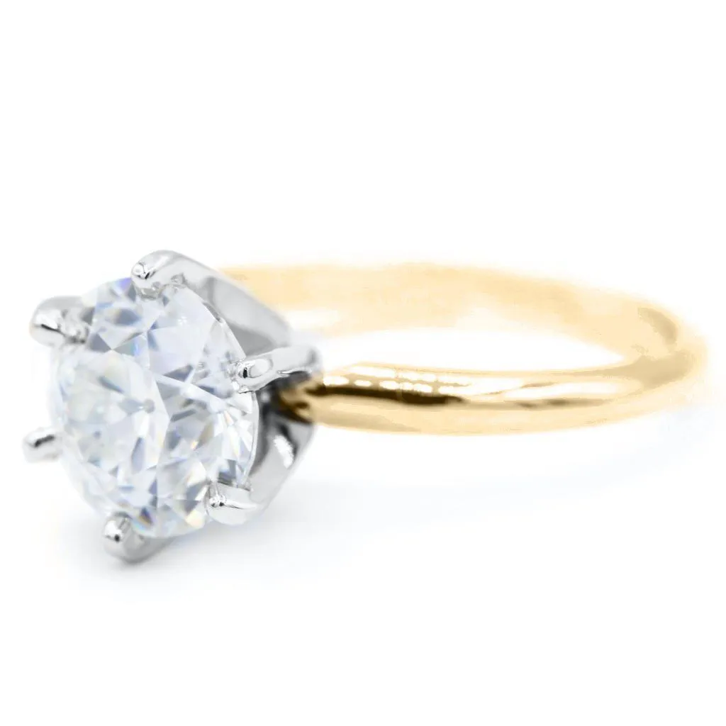 Old European Cut (OEC) Round Moissanite 14K or 18K Two-Tone Yellow Gold Band and White Gold 6 Prongs Solitaire Ring
