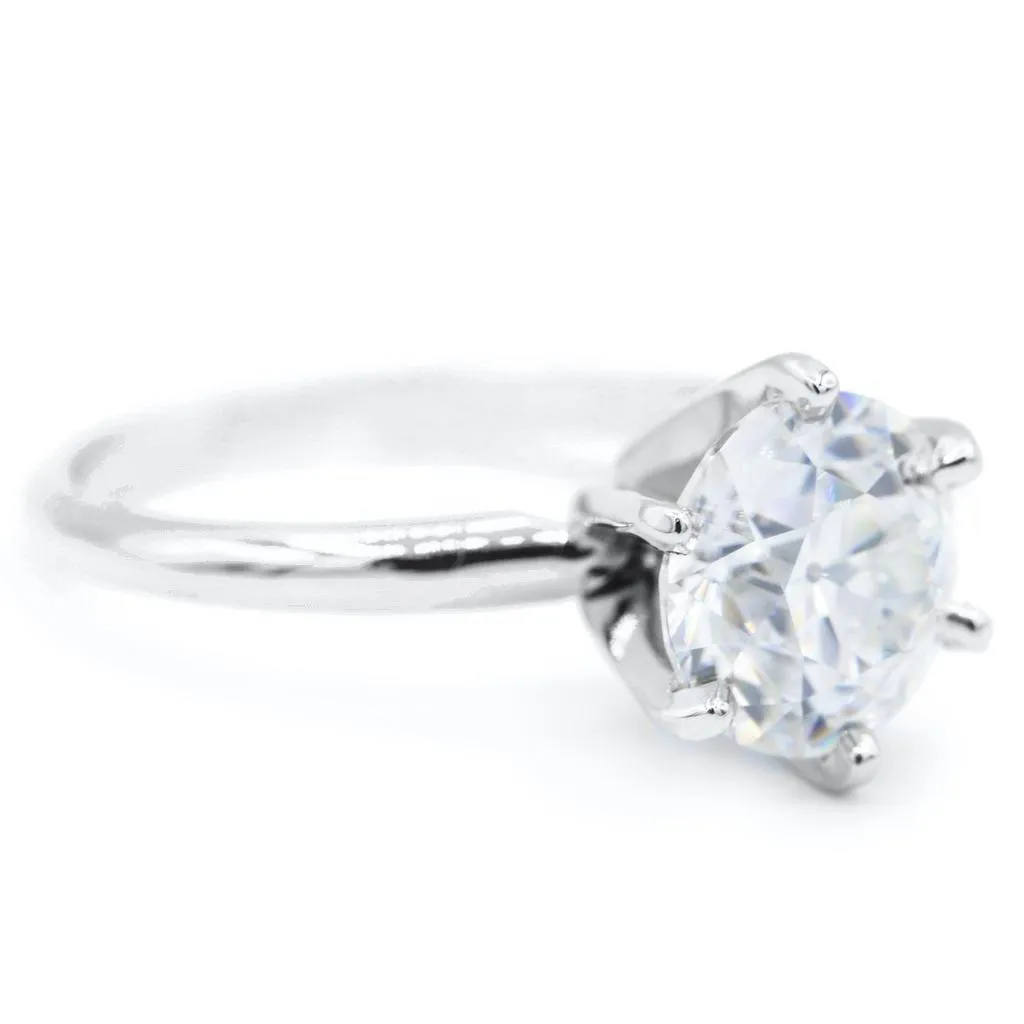 Old European Cut (OEC) Round Moissanite 14K or 18K White Gold 6 Prongs Solitaire Ring