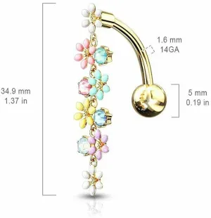 Opalite Crystal Stones Enamel Flowers Top Drop Surgical Steel Belly Button Rings