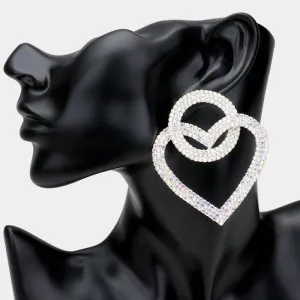 Open Circle Heart Link Clear Rhinestone Silver Earrings