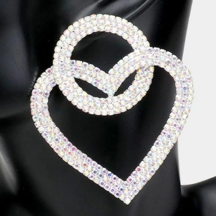 Open Circle Heart Link Clear Rhinestone Silver Earrings