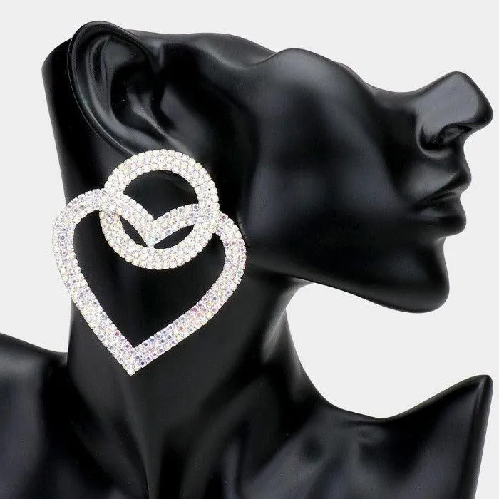 Open Circle Heart Link Clear Rhinestone Silver Earrings