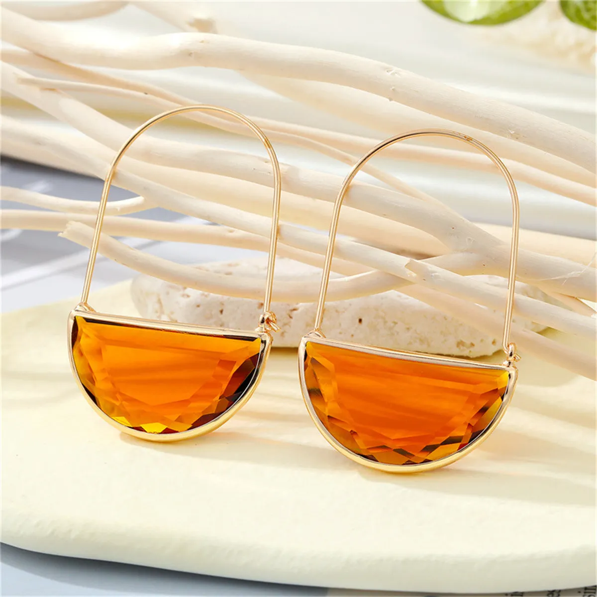 Orange Crystal & 18K Gold-Plated Half-Moon Drop Earrings