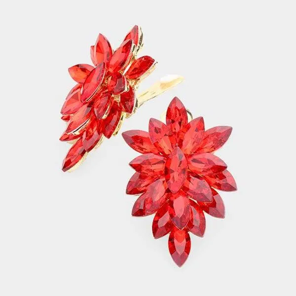 Oval Red Crystal Cluster Clip on Gold Earrings