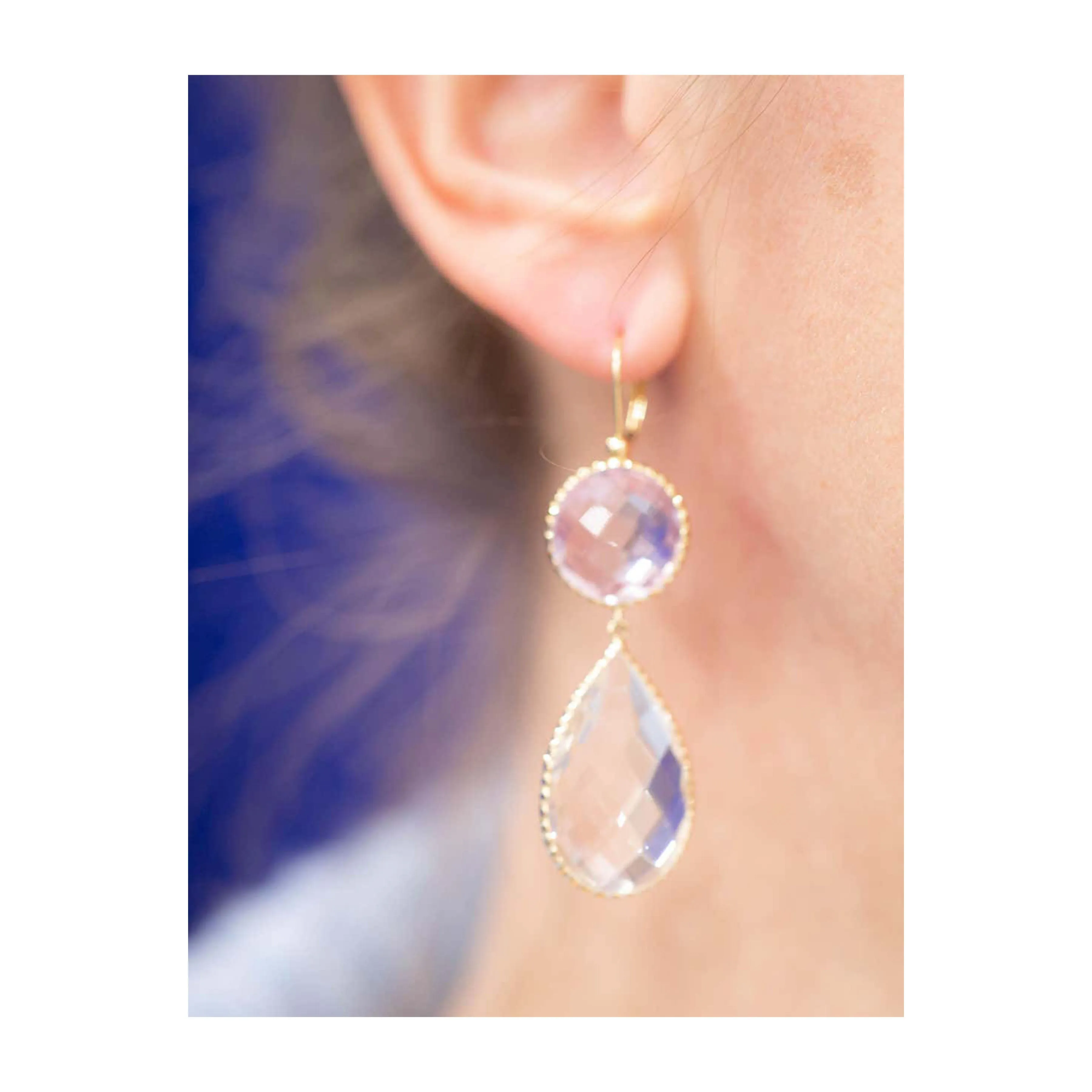 Pair of Light Amethyst and Rock Crystal Faceted Dangling Earrings in 14k Gold