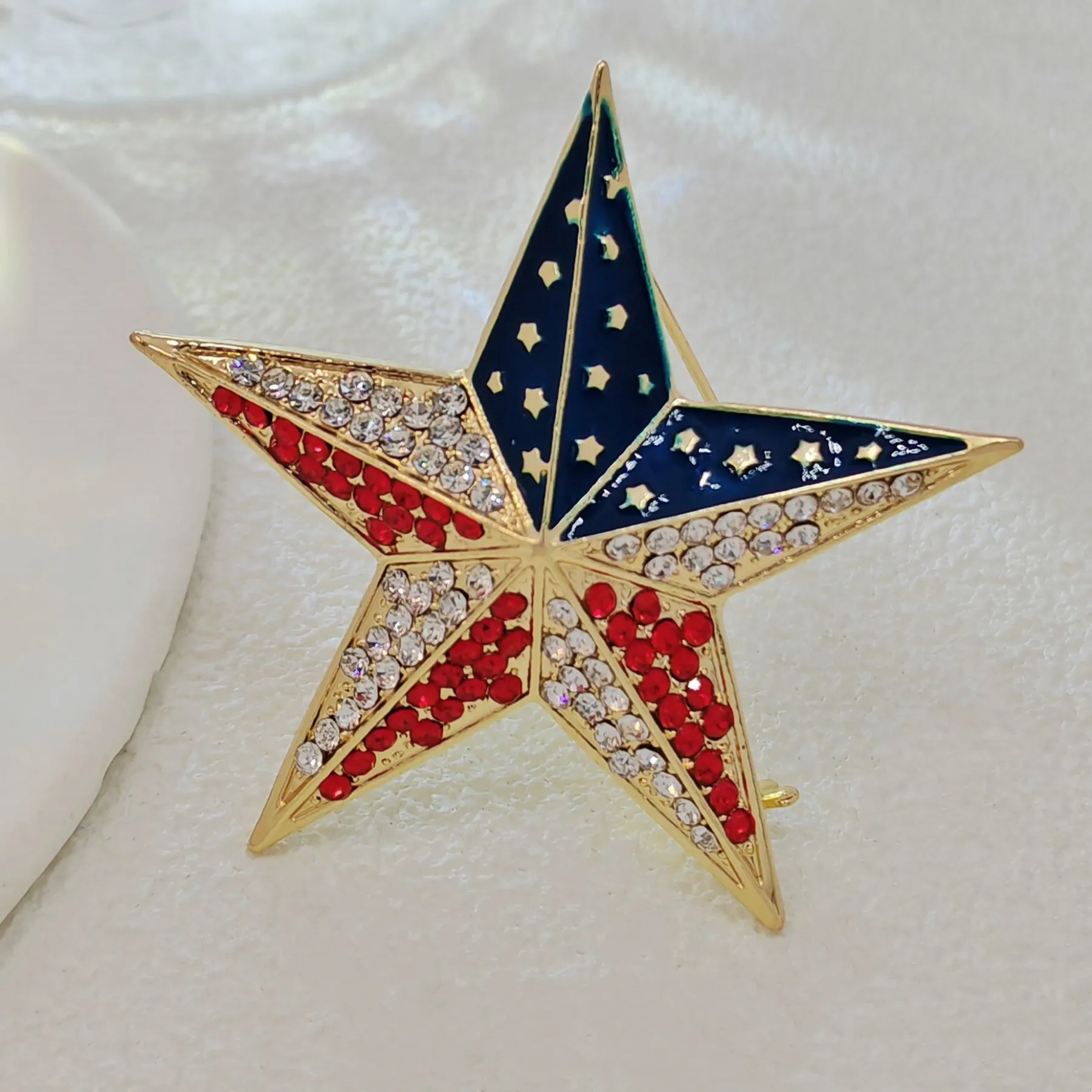 Patriotic Star - shaped Brooch with Enamel and Crystal Embellishments