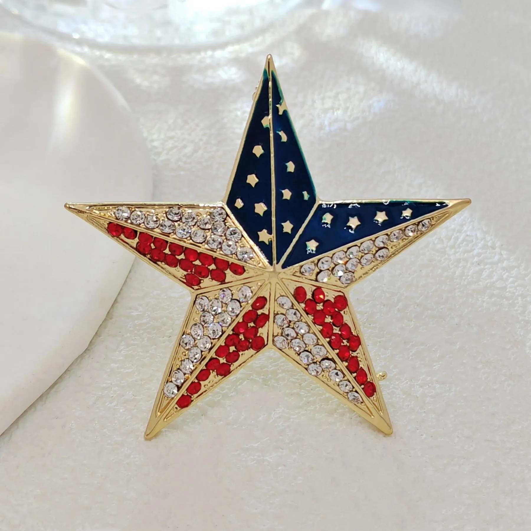 Patriotic Star - shaped Brooch with Enamel and Crystal Embellishments