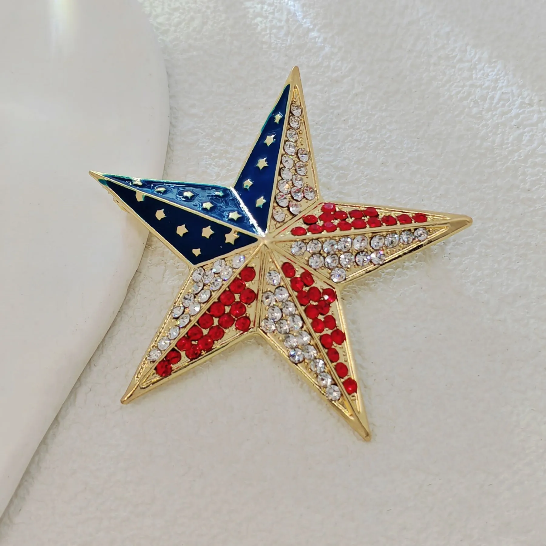 Patriotic Star - shaped Brooch with Enamel and Crystal Embellishments