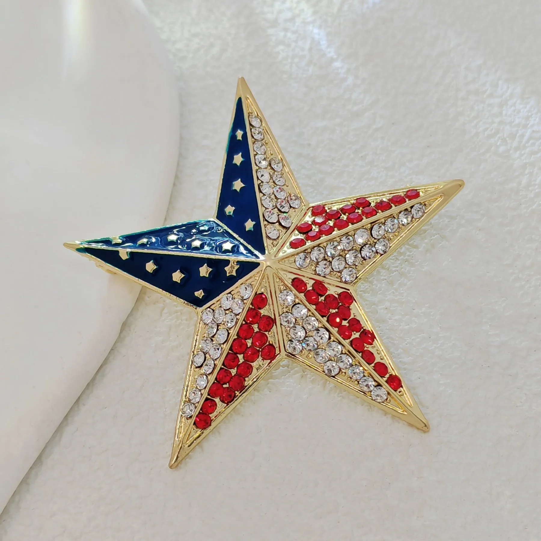 Patriotic Star - shaped Brooch with Enamel and Crystal Embellishments