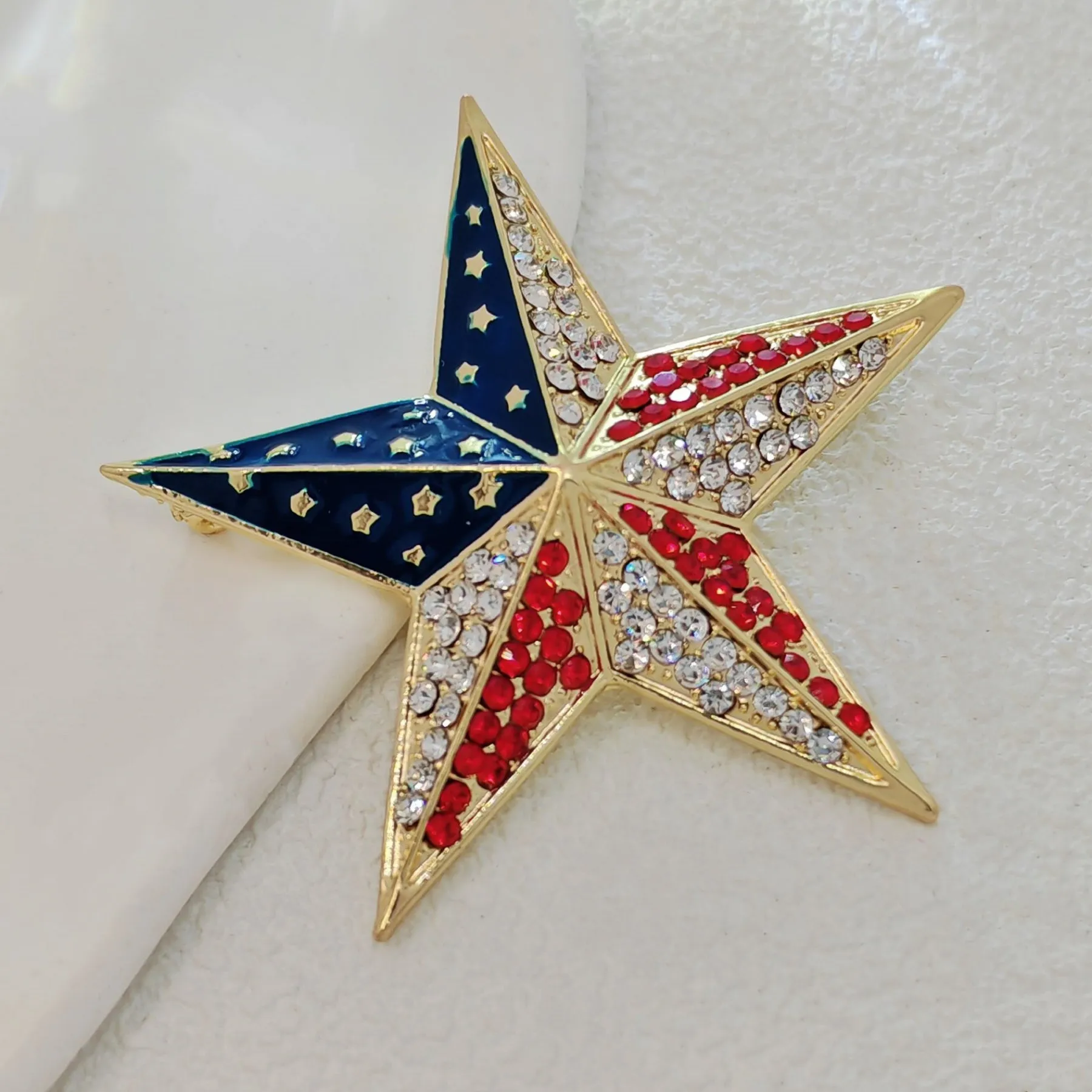 Patriotic Star - shaped Brooch with Enamel and Crystal Embellishments