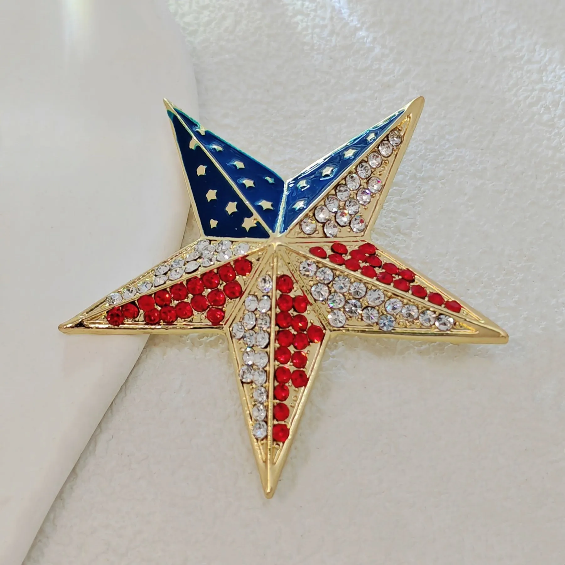Patriotic Star - shaped Brooch with Enamel and Crystal Embellishments