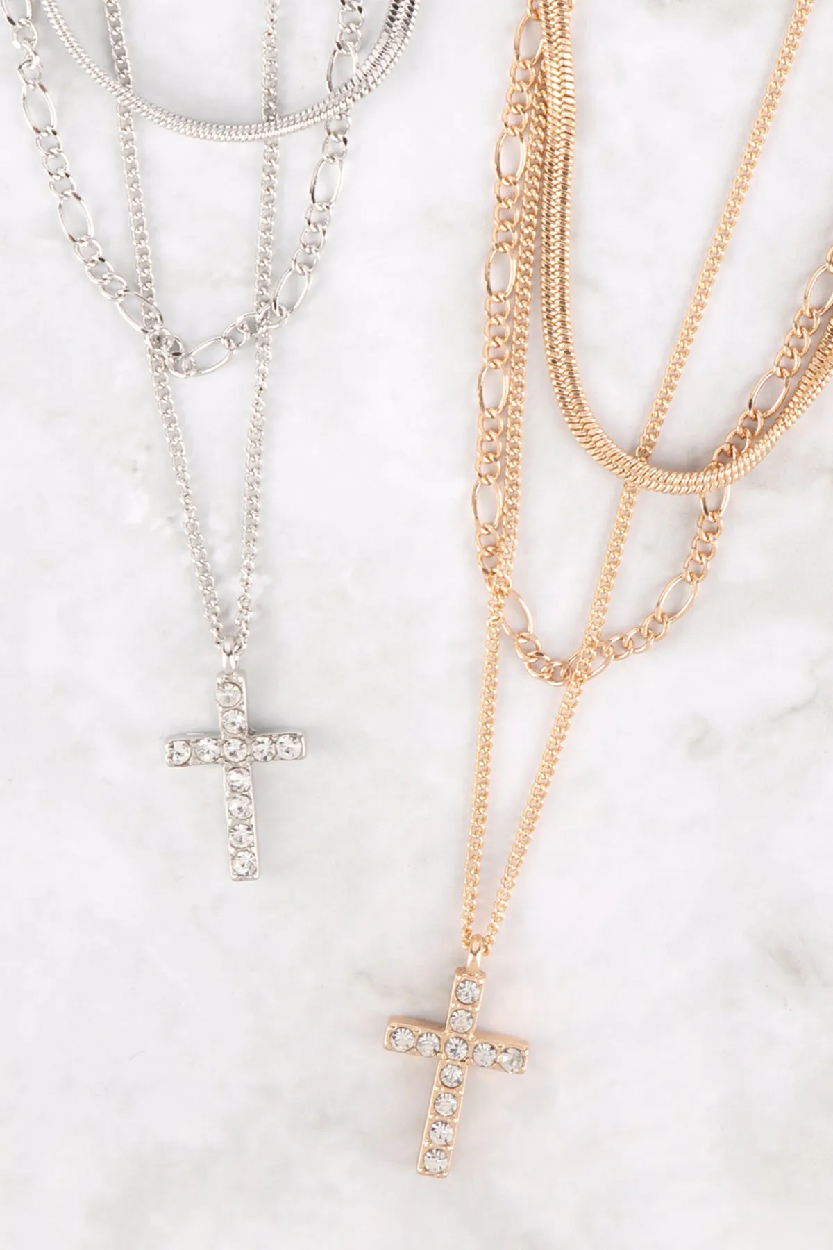 PAVE CROSS PENDANT MULTI LAYERED NECKLACE