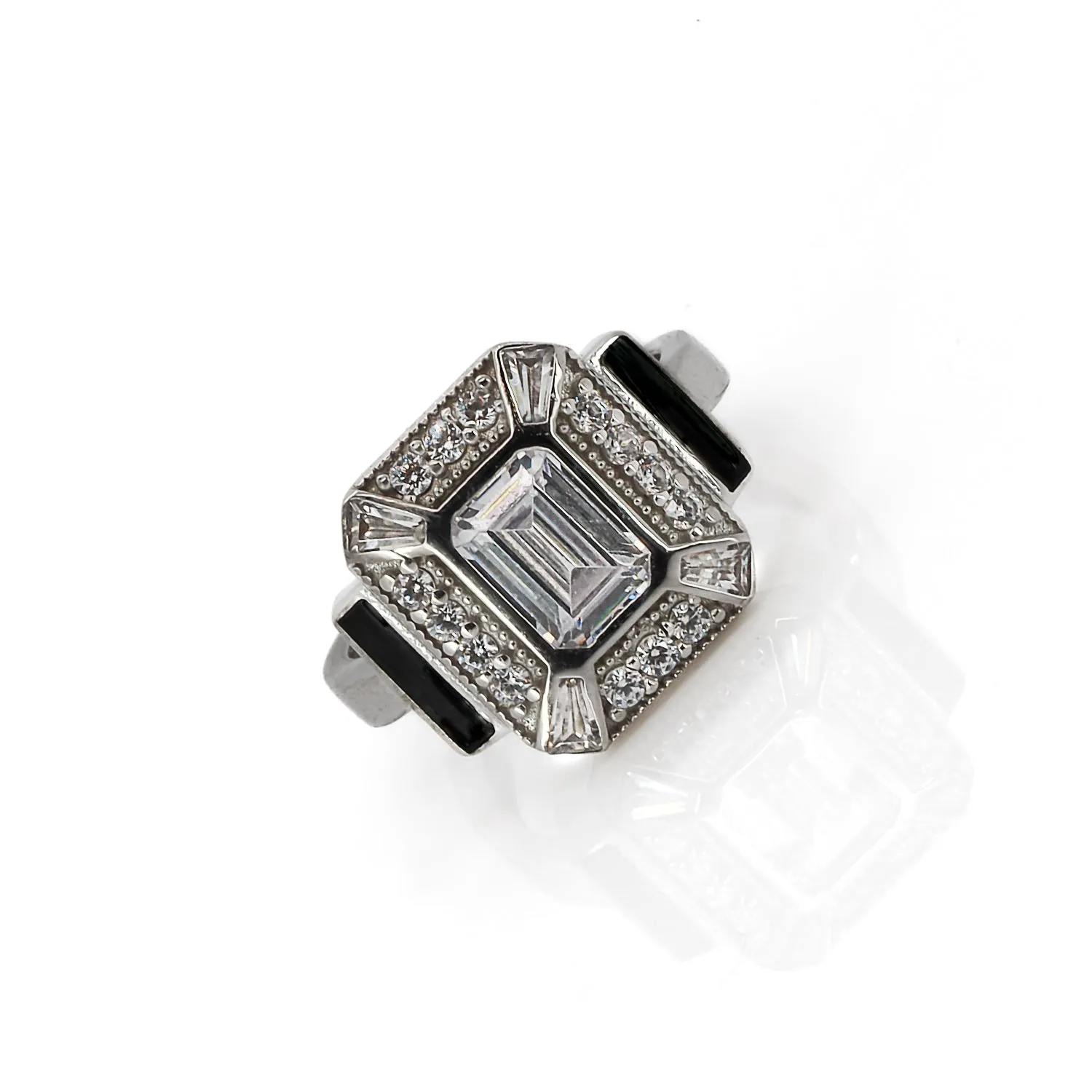Pave Diamond & Black Enamel Sterling Silver Design Ring