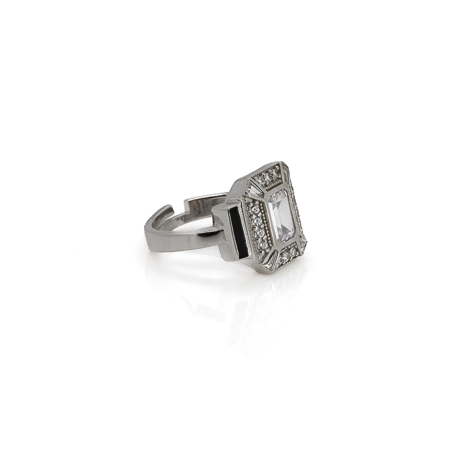 Pave Diamond & Black Enamel Sterling Silver Design Ring