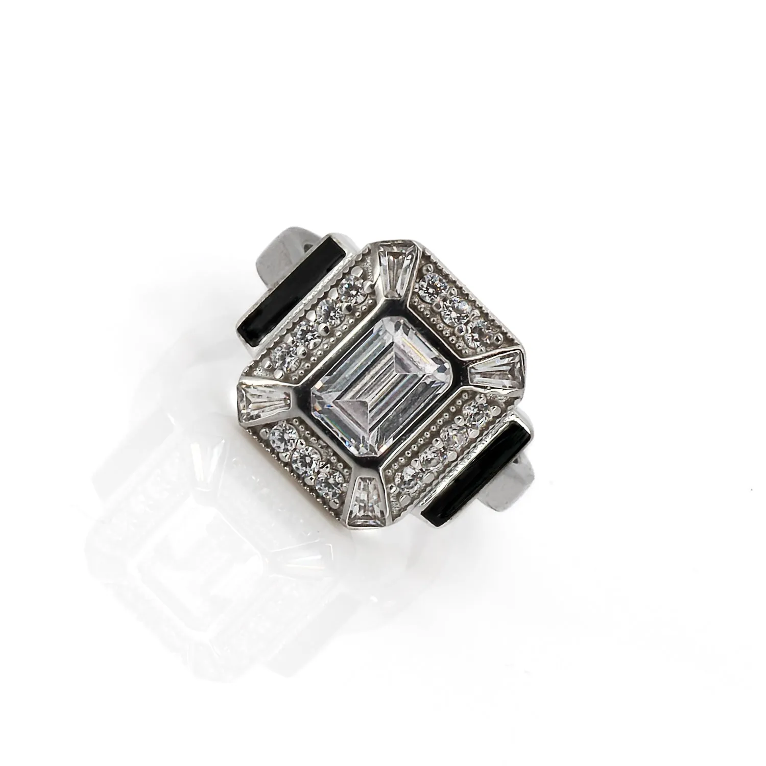 Pave Diamond & Black Enamel Sterling Silver Design Ring