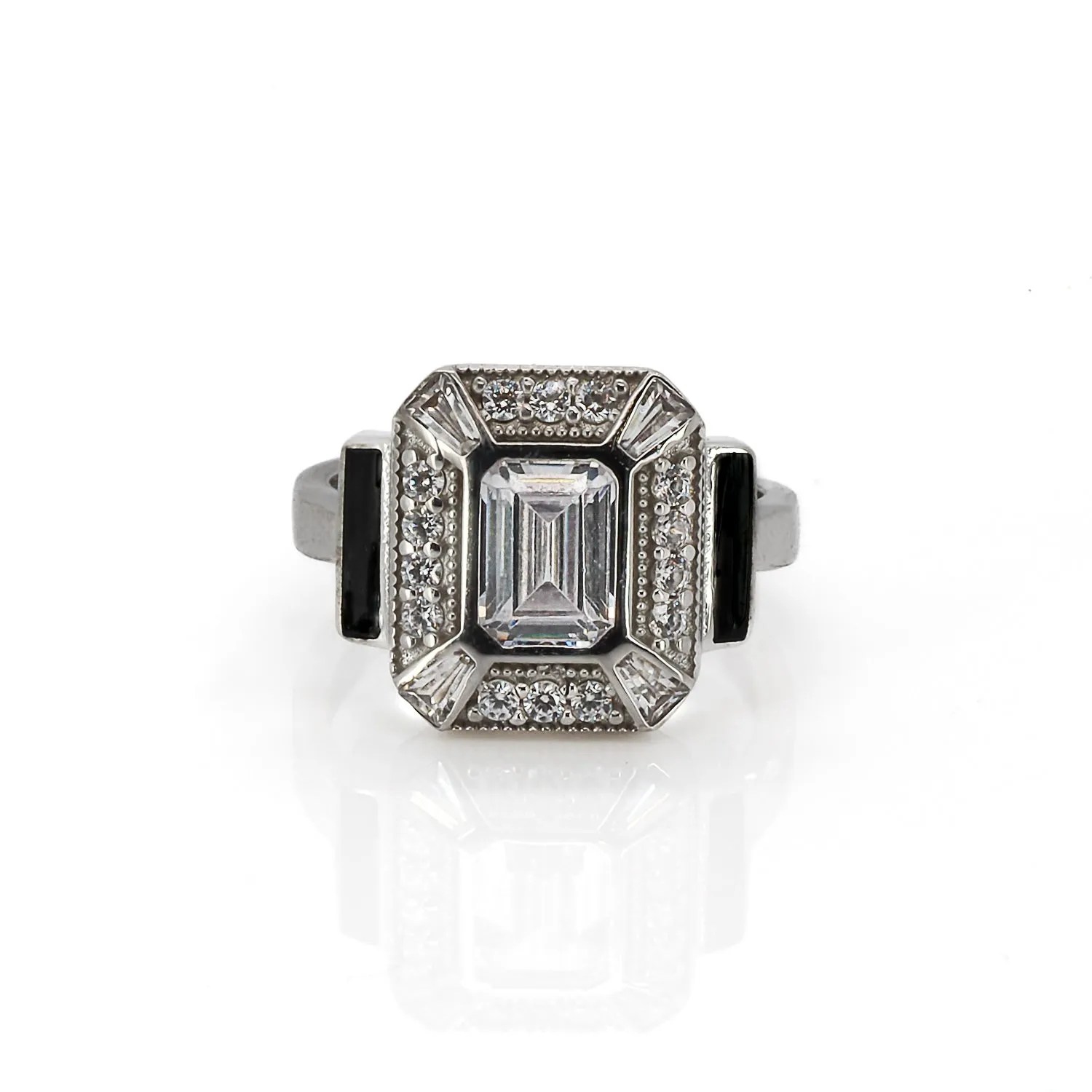 Pave Diamond & Black Enamel Sterling Silver Design Ring
