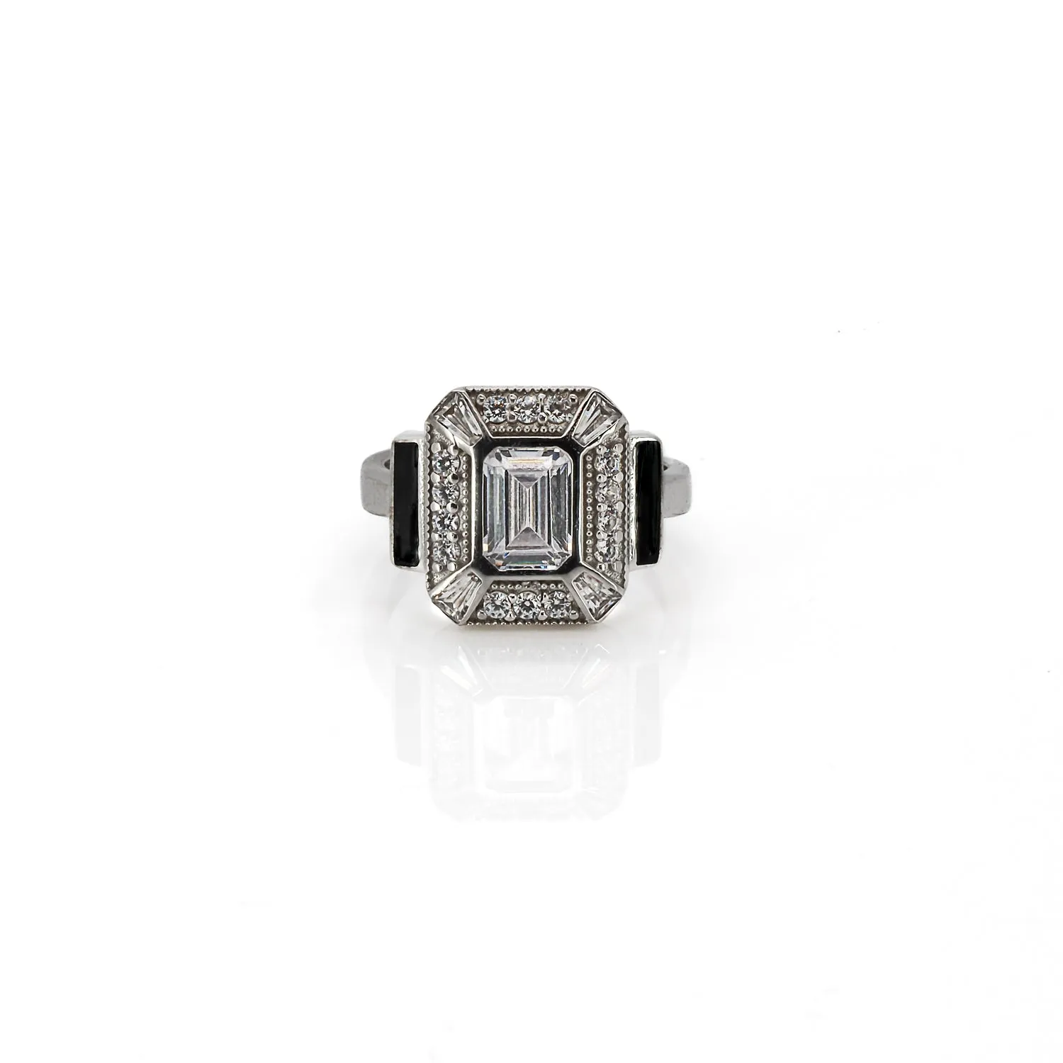Pave Diamond & Black Enamel Sterling Silver Design Ring