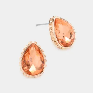 Peach Rhinestone Trimmed Teardrop Stone Pageant Stud Earrings  | Interview Earrings | 577772