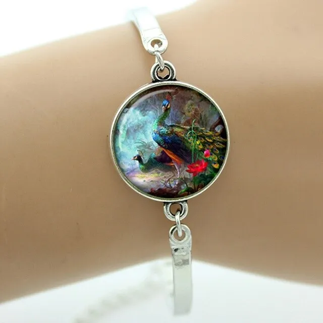 Peacock feather picture bracelet charm colorful feather steampunk Peacock Bird women's accessories mothers day jewelry gift T758