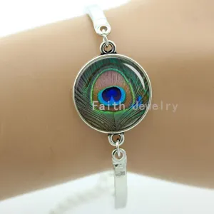 Peacock feather picture bracelet charm colorful feather steampunk Peacock Bird women's accessories mothers day jewelry gift T758