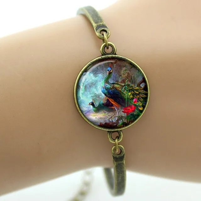 Peacock feather picture bracelet charm colorful feather steampunk Peacock Bird women's accessories mothers day jewelry gift T758