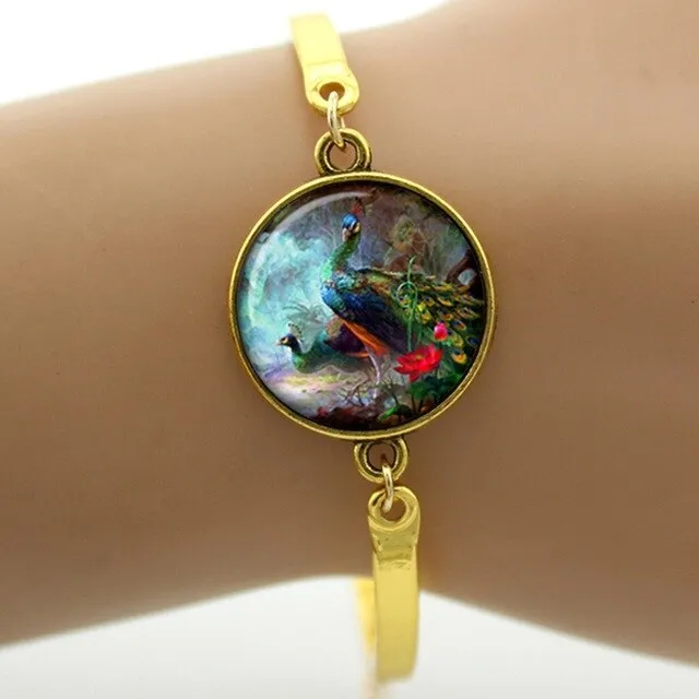 Peacock feather picture bracelet charm colorful feather steampunk Peacock Bird women's accessories mothers day jewelry gift T758