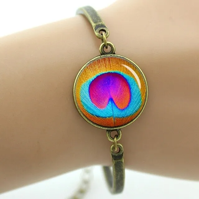 Peacock feather picture bracelet charm colorful feather steampunk Peacock Bird women's accessories mothers day jewelry gift T758