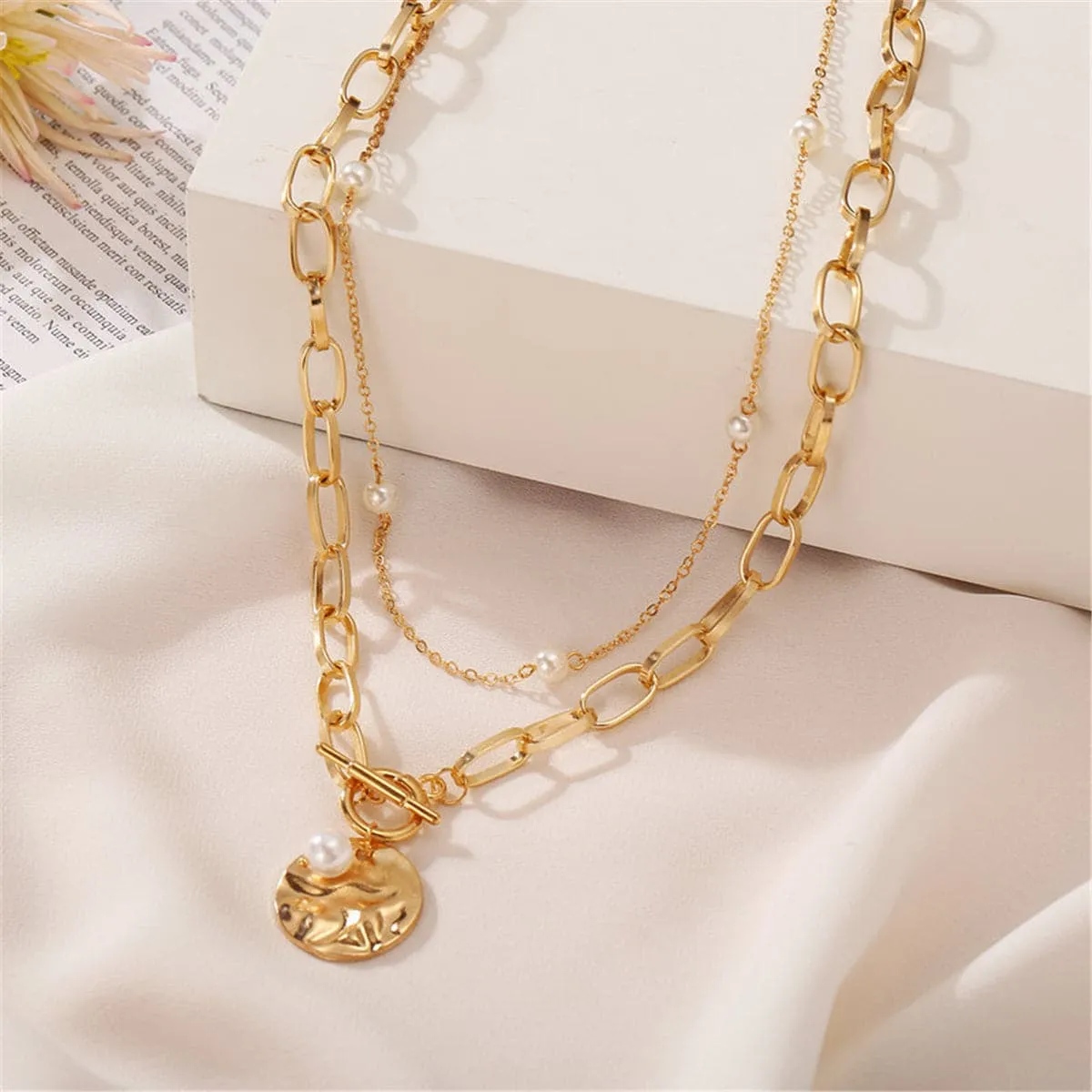 Pearl & 18K Gold-Plated Figaro Layered Pendant Necklace