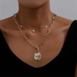 Pearl & 18K Gold-Plated Figaro Layered Pendant Necklace