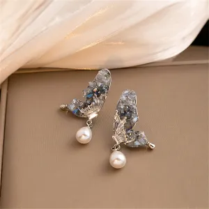 Pearl & Crystal Silver-Plated Butterfly Drop Earrings