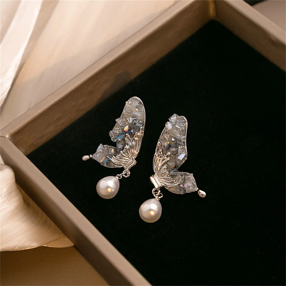 Pearl & Crystal Silver-Plated Butterfly Drop Earrings
