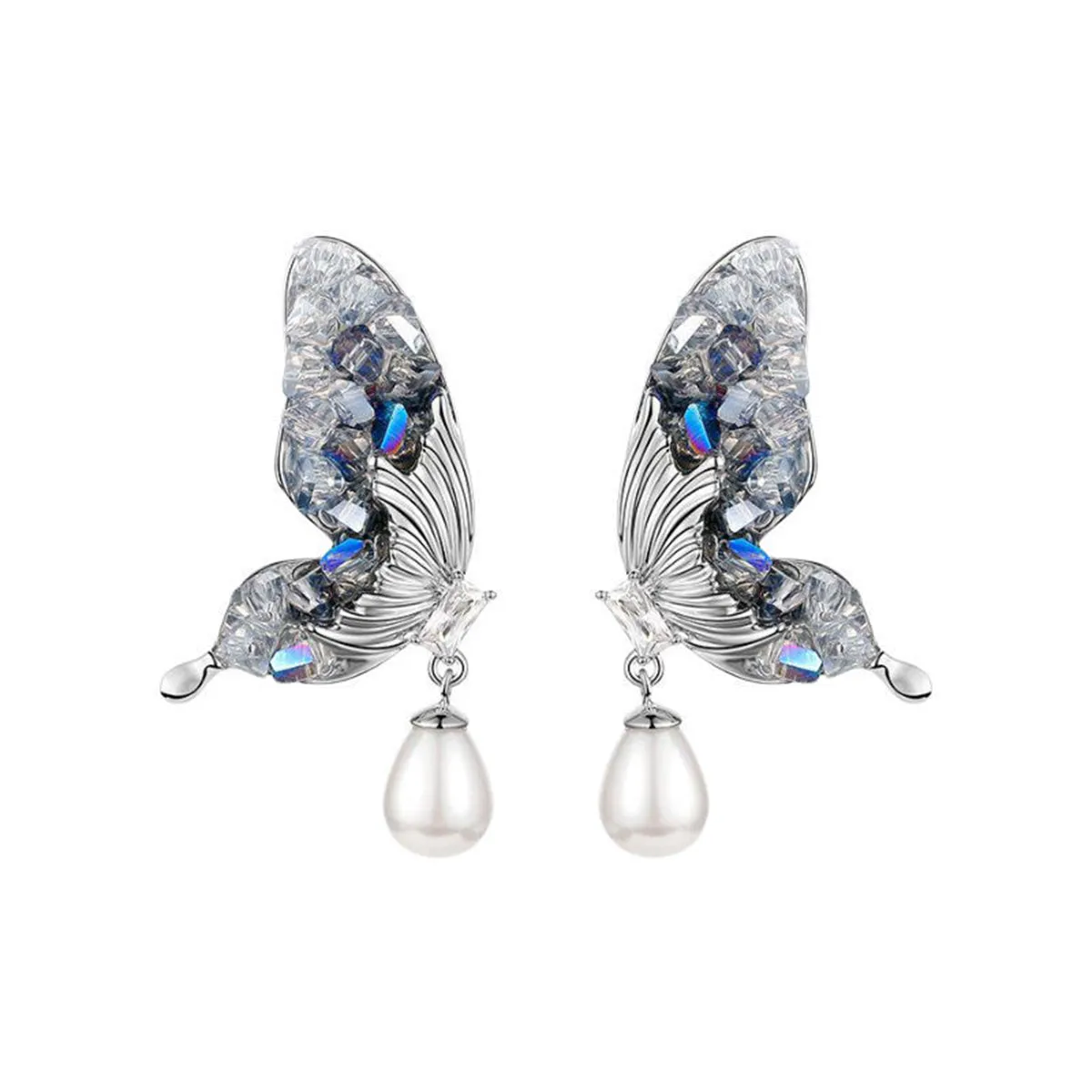 Pearl & Crystal Silver-Plated Butterfly Drop Earrings