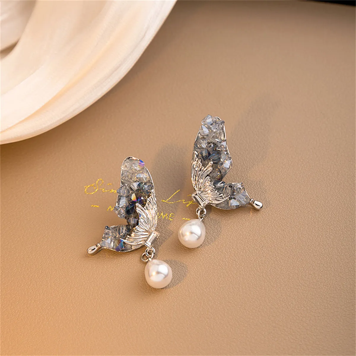 Pearl & Crystal Silver-Plated Butterfly Drop Earrings