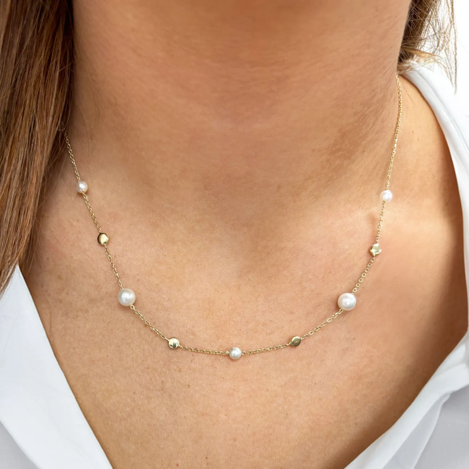 Pearl and Gold Button Chain Necklace