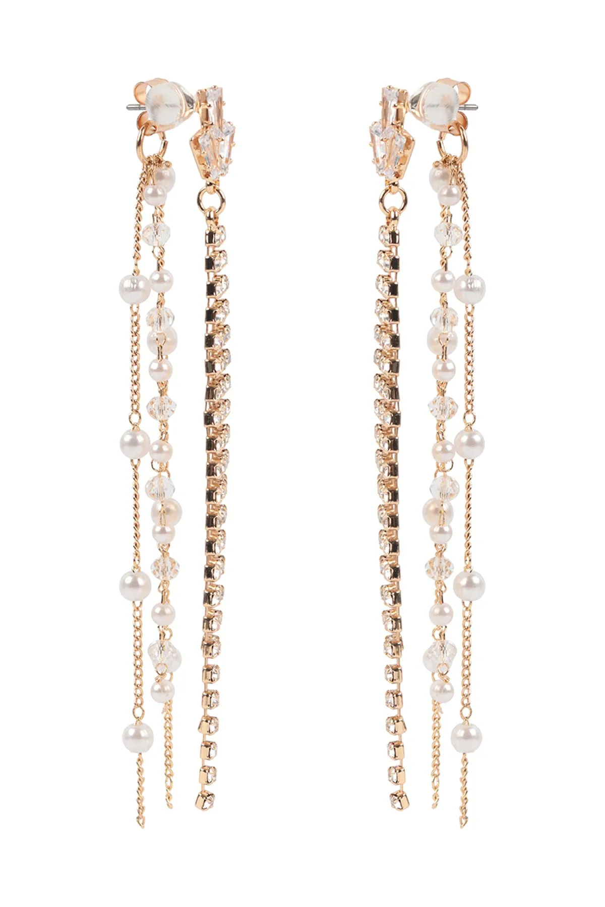 PEARL RHINESTONE FRINGE FRONT BACK CHAIN DROP EARRINGS