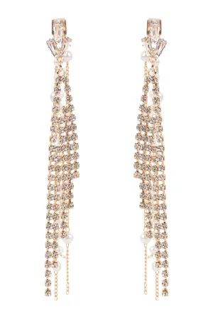 PEARL RHINESTONE FRINGE FRONT BACK CHAIN DROP EARRINGS